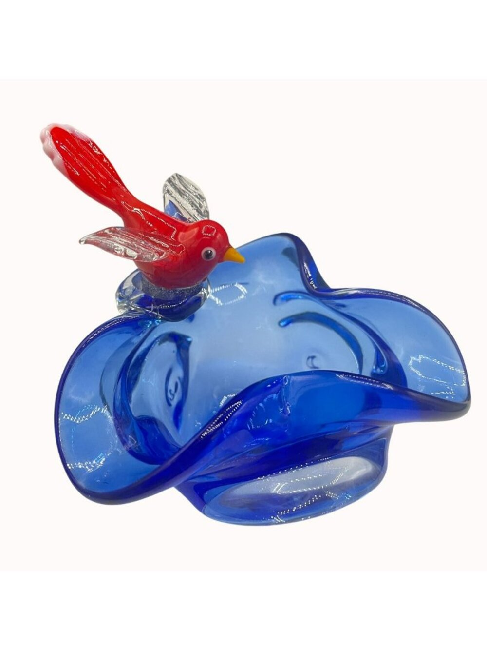 Murano Style Hand-Blown Cobalt Blue Glass Dish Red Bird Attached - 5 x 5 x 4 in